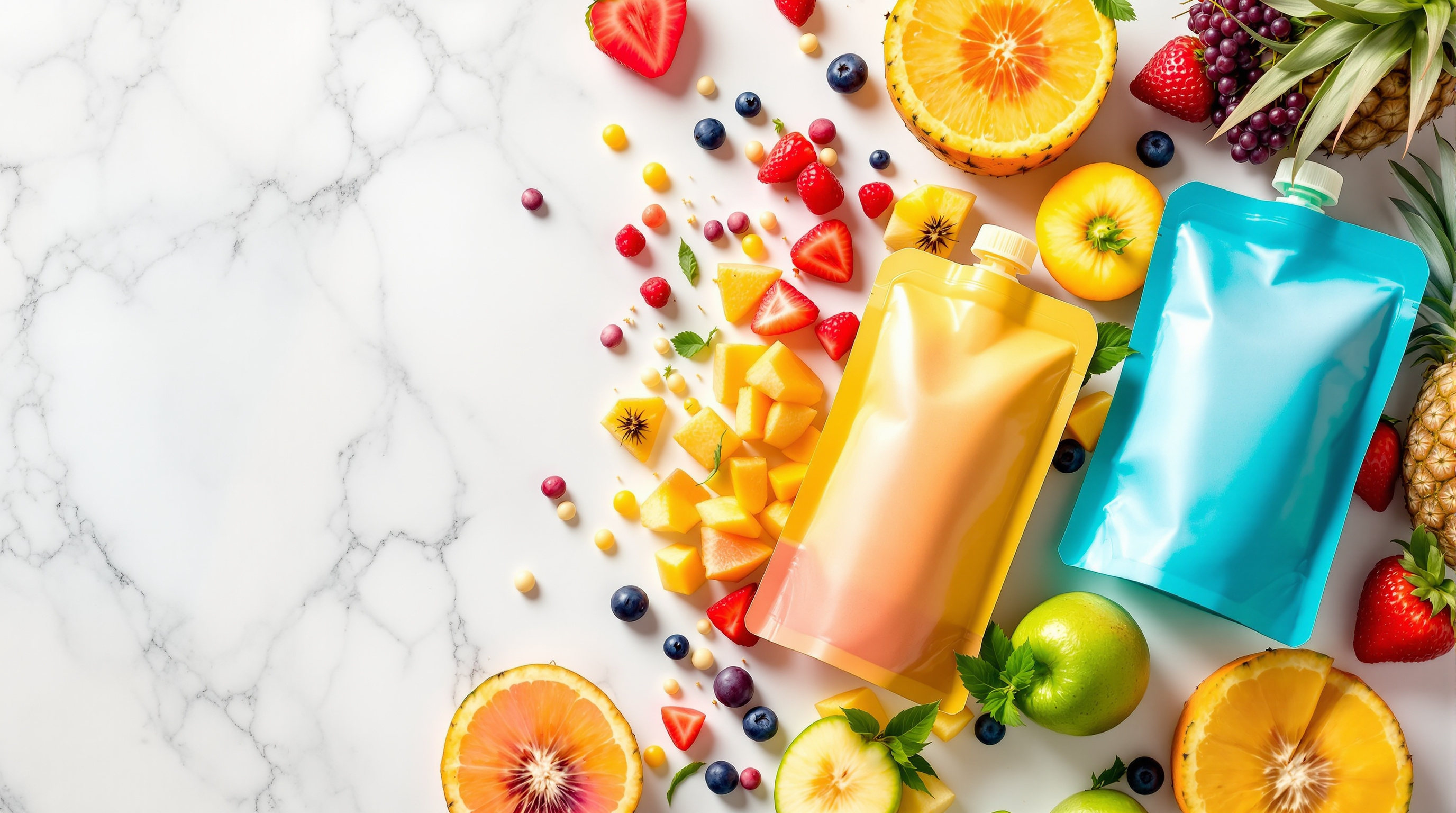 Colorful fresh smoothie pouches with tropical fruits